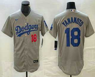 Men%27s Los Angeles Dodgers #18 Yoshinobu Yamamoto Number Gray Stitched Flex Base Nike Jersey